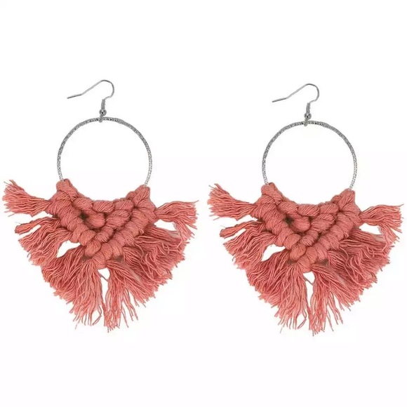 Jewelry - Pink Boho Knot Fringe Macrame Hand Woven Earrings